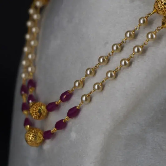 Pearl Necklace with Ruby CZ drops & Gold Plated DD Balls HK0344 Pink
