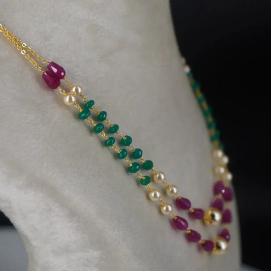 Pearl Chethan Ruby & Emarald Necklace Two Lines HK0351