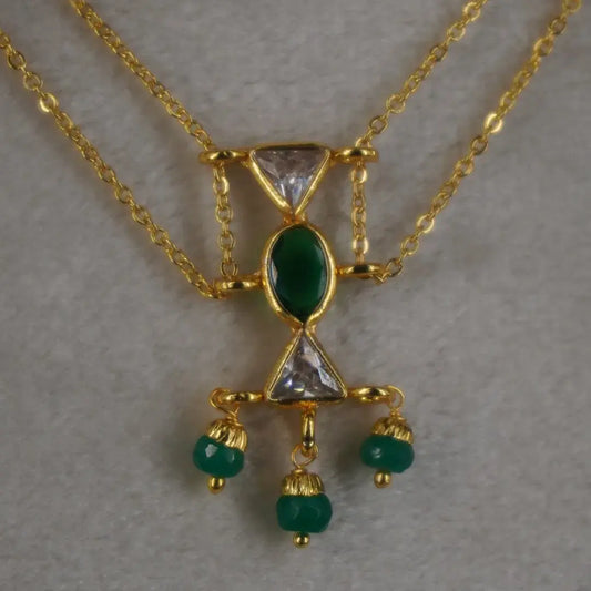 Plain 2 line Chain Centerd With Polki Green CZ Locket Hk0361