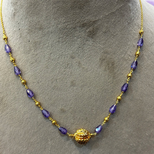Hk0284 Handcrafted Purple Drop & Gold Bead Necklace