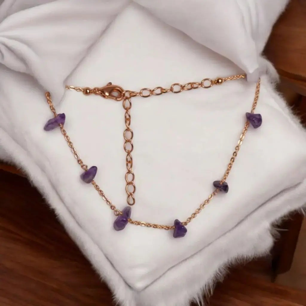 BT008 – Amethyst Chip Stone Anklet with Golden Chain