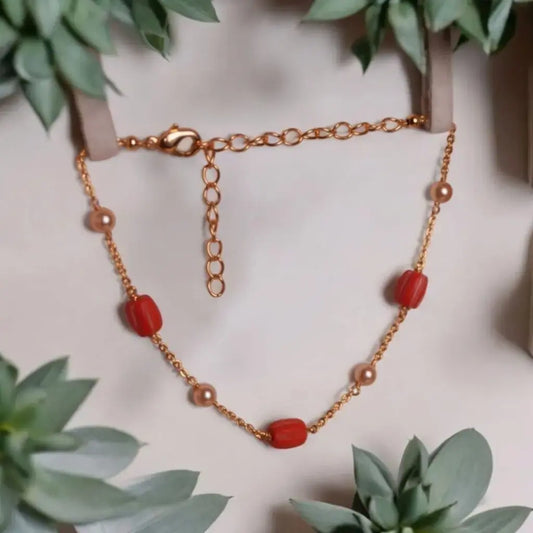 BT009 – Coral Bead & Pearl Anklet with Golden Chain