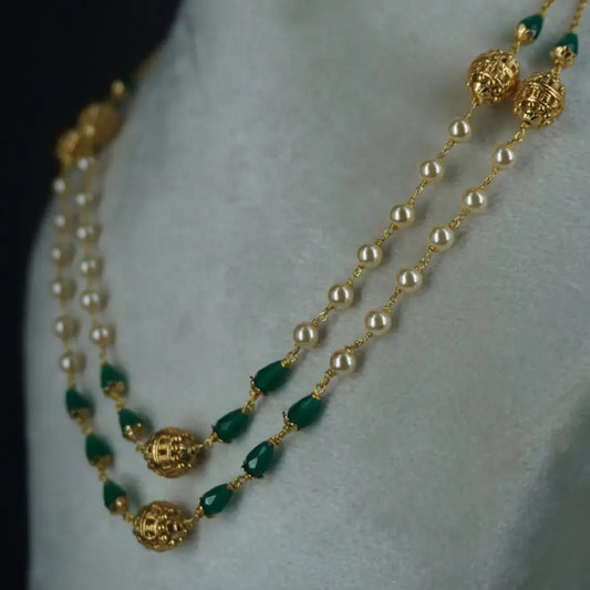 Pearl Necklace with Green CZ drops & Gold Plated DD Balls HK0344 GREEN