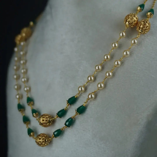 Pearl Necklace with Green CZ drops & Gold Plated DD Balls HK0344 GREEN