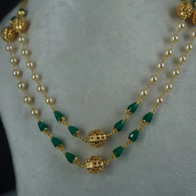 Pearl Necklace with Green CZ drops & Gold Plated DD Balls HK0344 GREEN