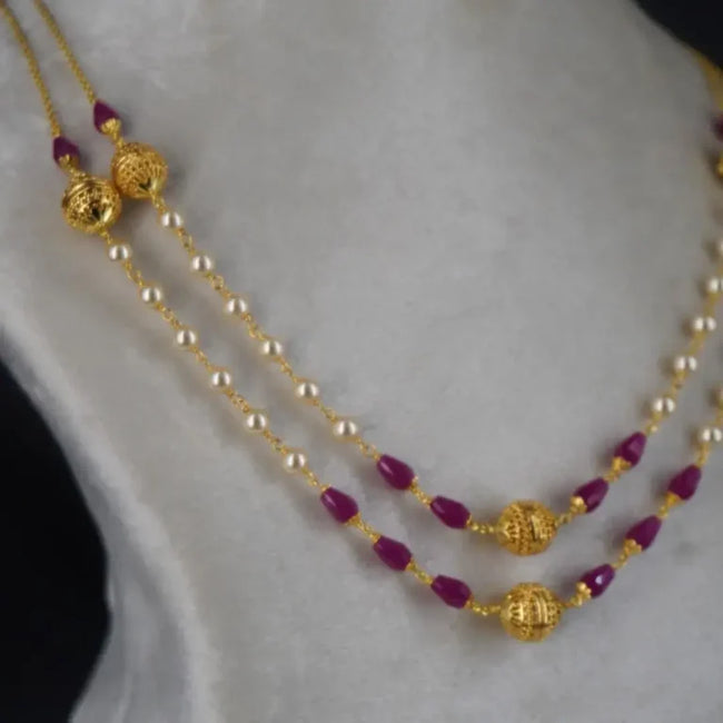 Pearl Necklace with Ruby CZ drops & Gold Plated DD Balls HK0344 Pink