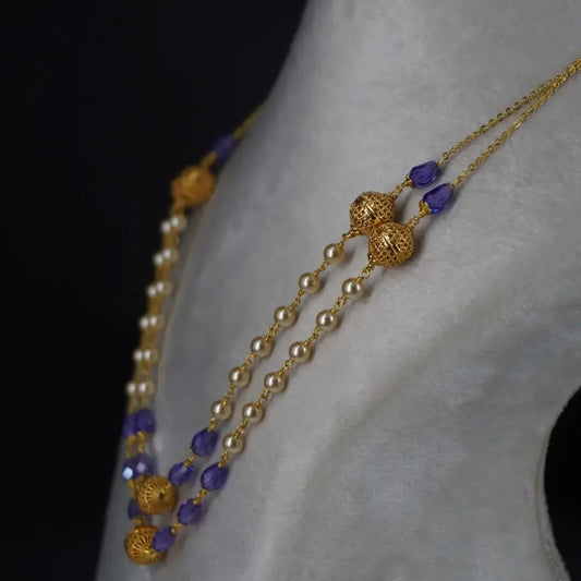 Pearl Necklace with Purple CZ drops & Gold Plated DD Balls HK0344 Purple