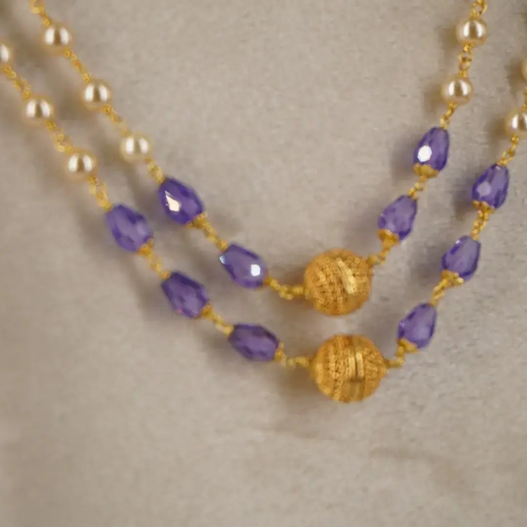 Pearl Necklace with Purple CZ drops & Gold Plated DD Balls HK0344 Purple