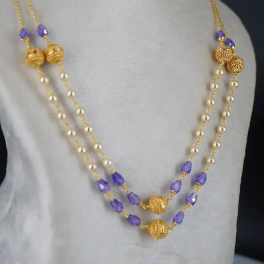 Pearl Necklace with Purple CZ drops & Gold Plated DD Balls HK0344 Purple