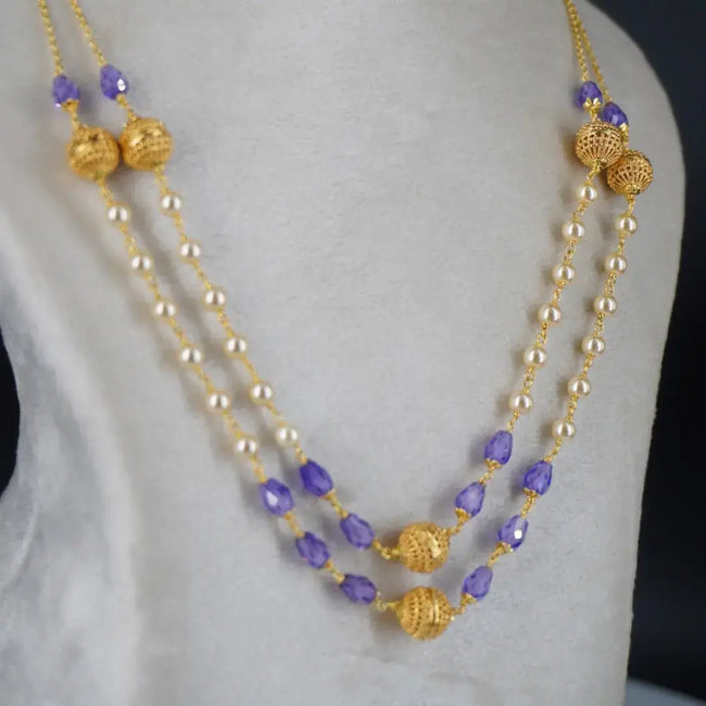 Pearl Necklace with Purple CZ drops & Gold Plated DD Balls HK0344 Purple