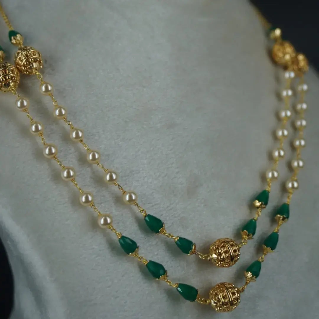 Pearl Necklace with Green CZ drops & Gold Plated DD Balls HK0344 GREEN