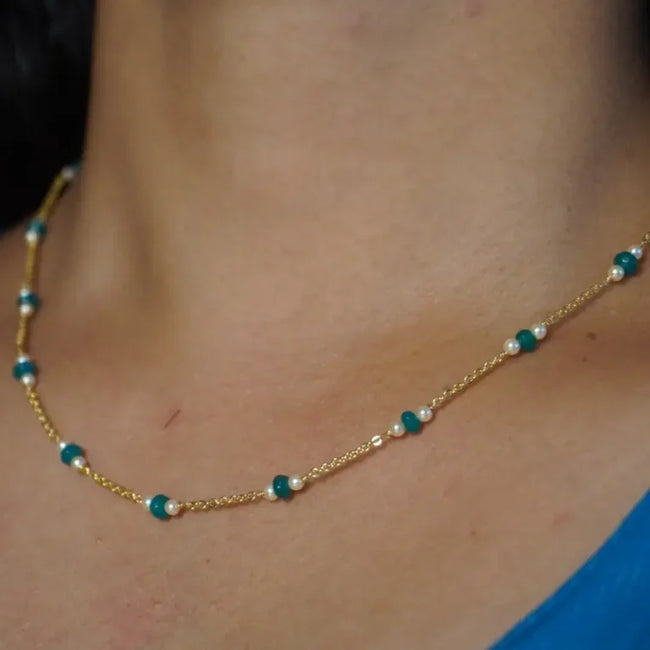 Chethan Emarld & Pearl Necklace Chain Hk0348