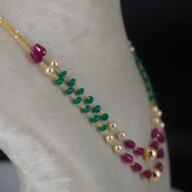 Pearl Chethan Ruby & Emarald Necklace Two Lines HK0351