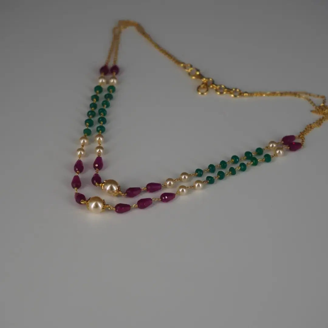 Pearl Chethan Ruby & Emarald Necklace Two Lines HK0351