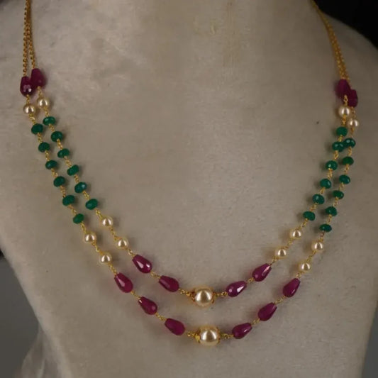 Pearl Chethan Ruby & Emarald Necklace Two Lines HK0351