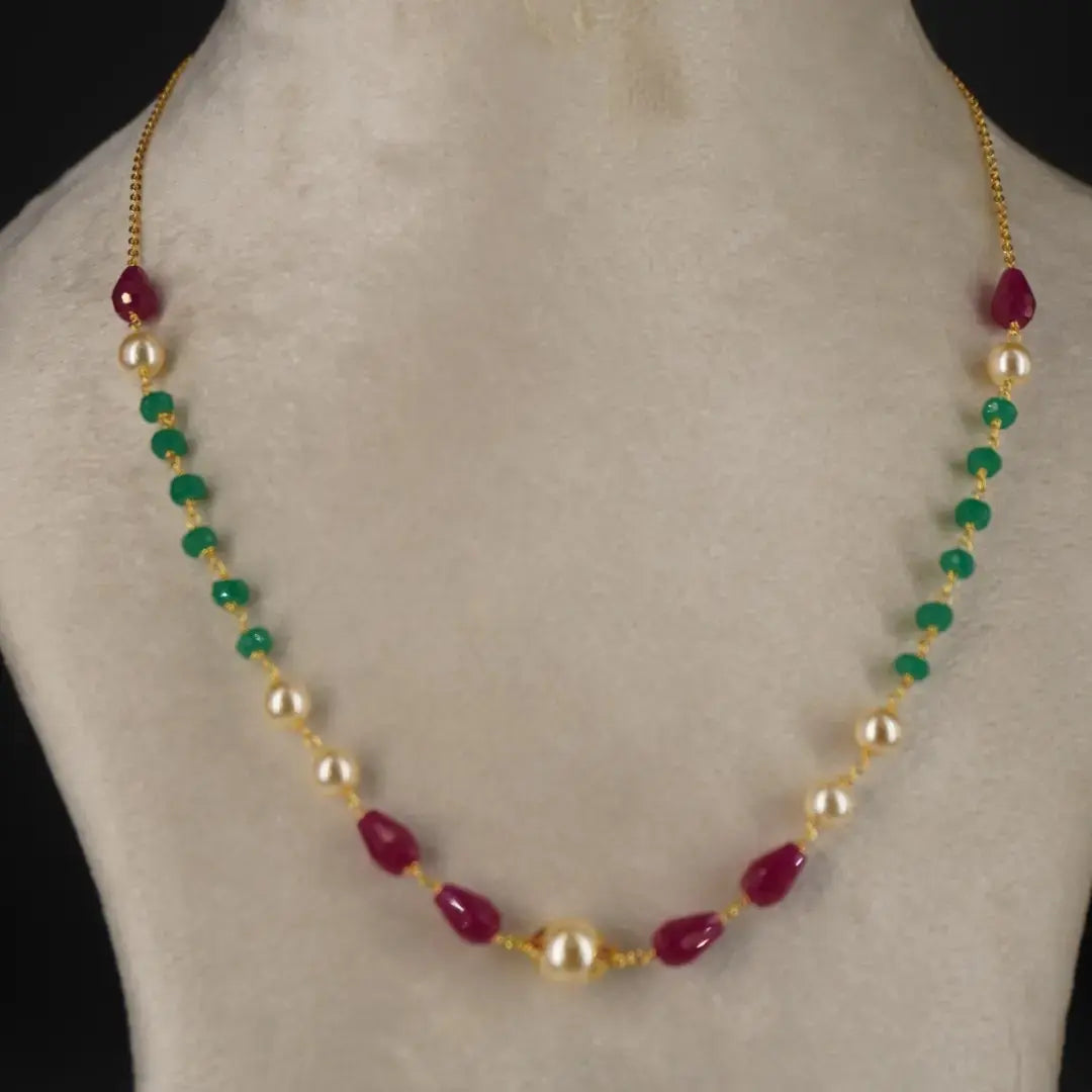 Pearl Chethan Ruby & Emarald Necklace Single Lines HK0353