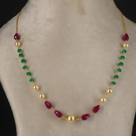 Pearl Chethan Ruby & Emarald Necklace Single Lines HK0353