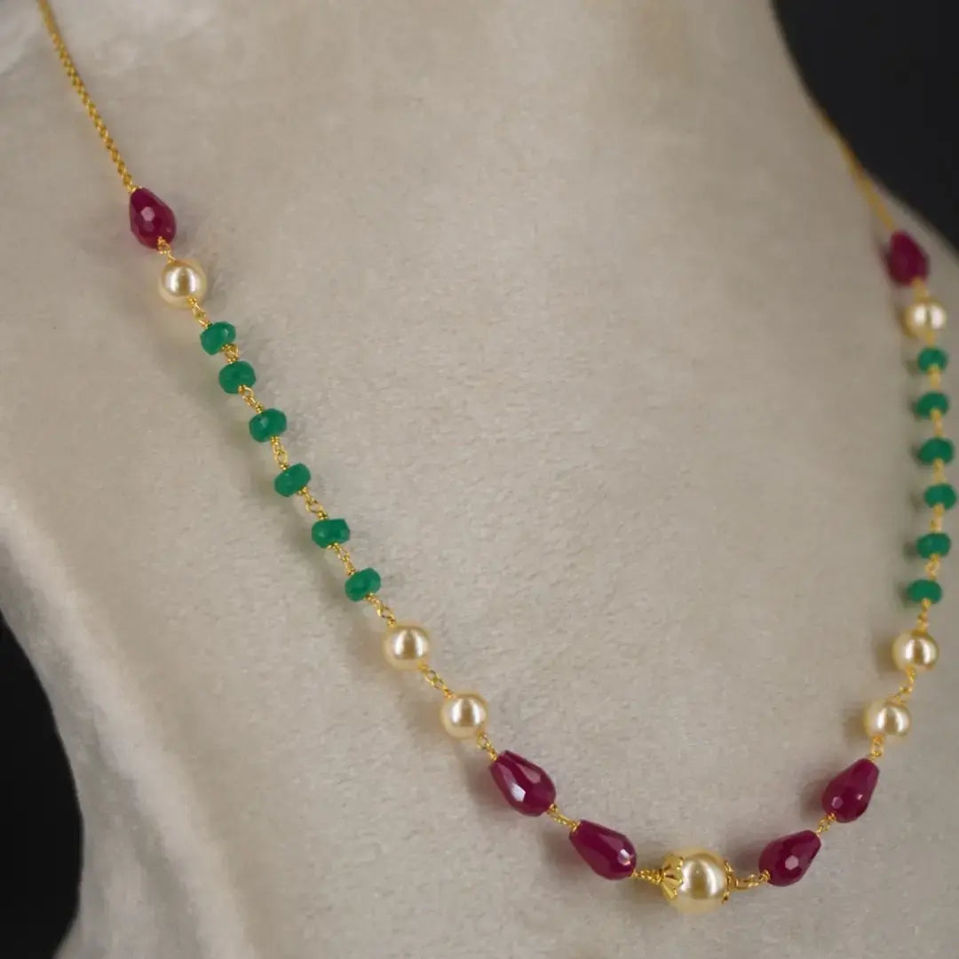 Pearl Chethan Ruby & Emarald Necklace Single Lines HK0353