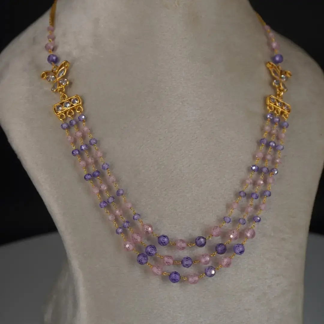 Purple and Pink Butterfly 3 Line Necklace HK0356