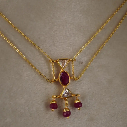 Plain 2 line Chain Centerd With Polki Pink CZ Locket Hk0361