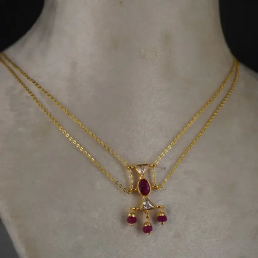 Plain 2 line Chain Centerd With Polki Pink CZ Locket Hk0361