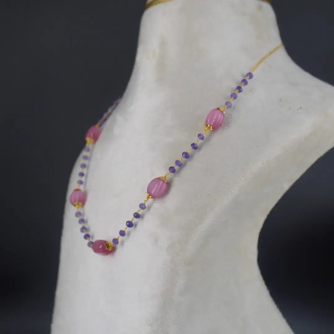 Purple CZ Necklace Added with Pink Special Beads HK0369