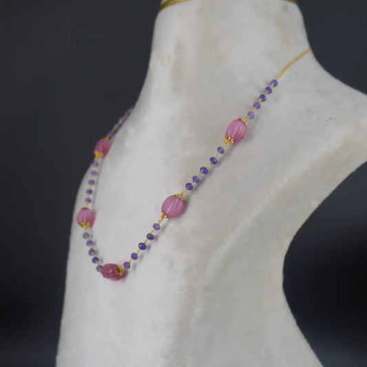 Purple CZ Necklace Added with Pink Special Beads HK0369