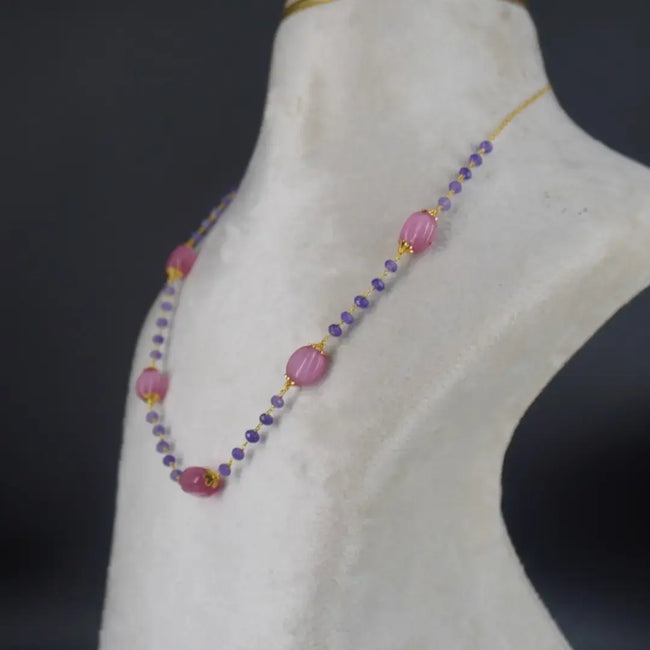 Purple CZ Necklace Added with Pink Special Beads HK0369