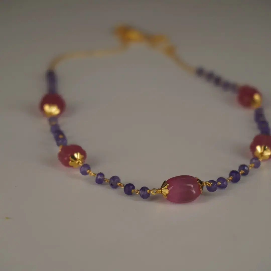 Purple CZ Necklace Added with Pink Special Beads HK0369