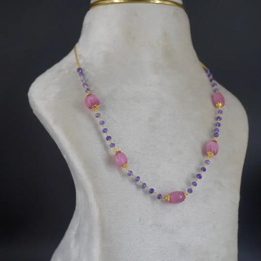 Purple CZ Necklace Added with Pink Special Beads HK0369
