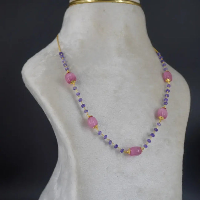 Purple CZ Necklace Added with Pink Special Beads HK0369