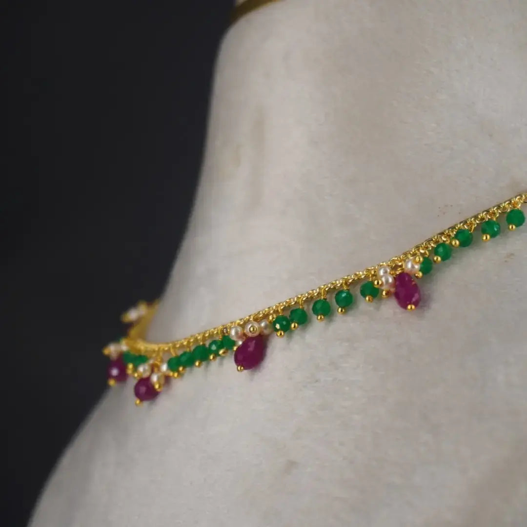 Special Green CZ Neckalce Centerd with Pearl and Pink Beads HK0370