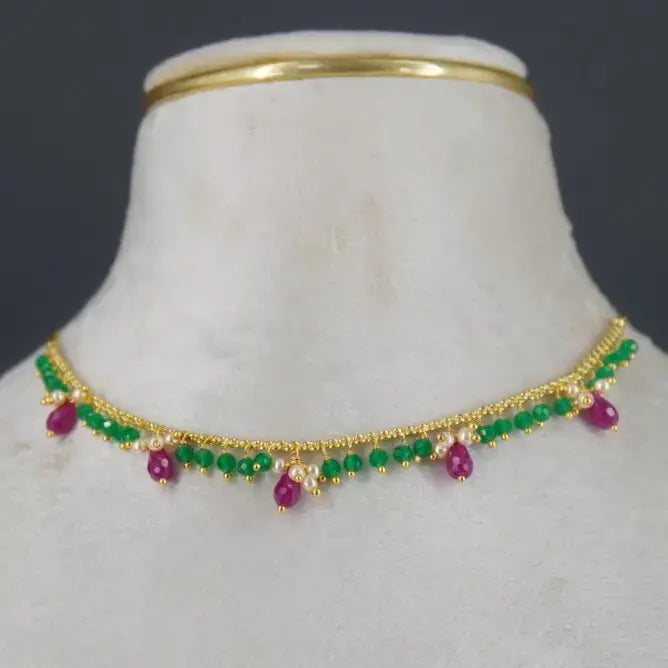 Special Green CZ Neckalce Centerd with Pearl and Pink Beads HK0370