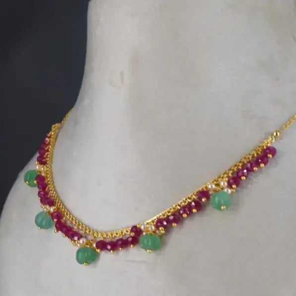 Special Pink CZ Neckalce Centerd with Pearl & Green Beads HK0370