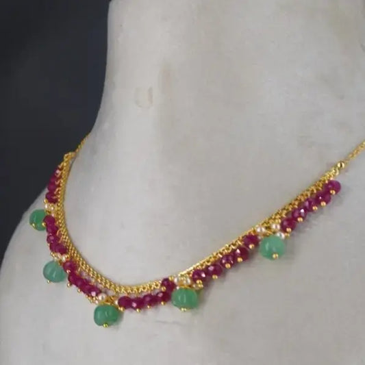 Special Pink CZ Neckalce Centerd with Pearl & Green Beads HK0370