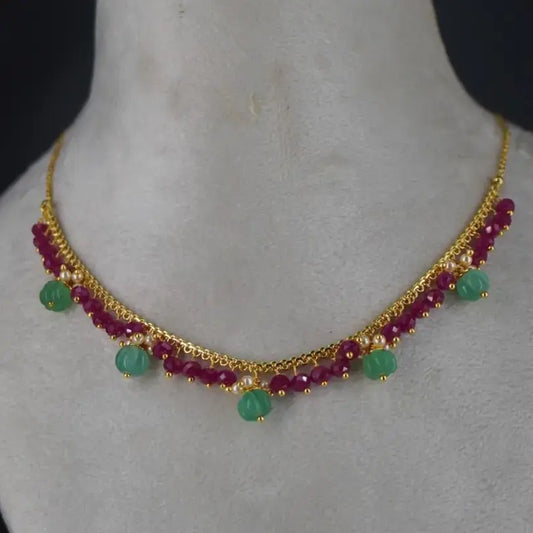 Special Pink CZ Neckalce Centerd with Pearl & Green Beads HK0370