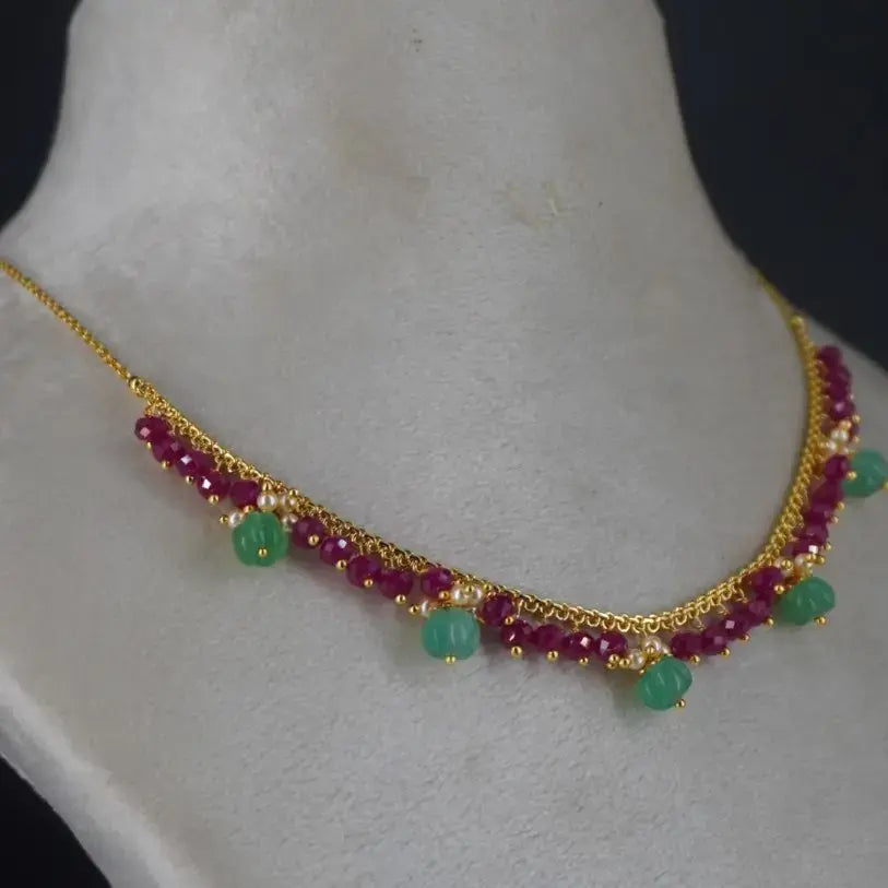 Special Pink CZ Neckalce Centerd with Pearl & Green Beads HK0370