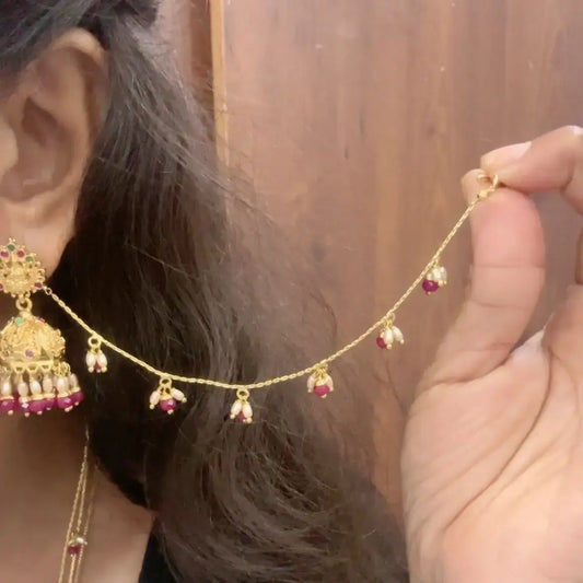 Simple Pearl Ruby Bunches Earchains Ch007