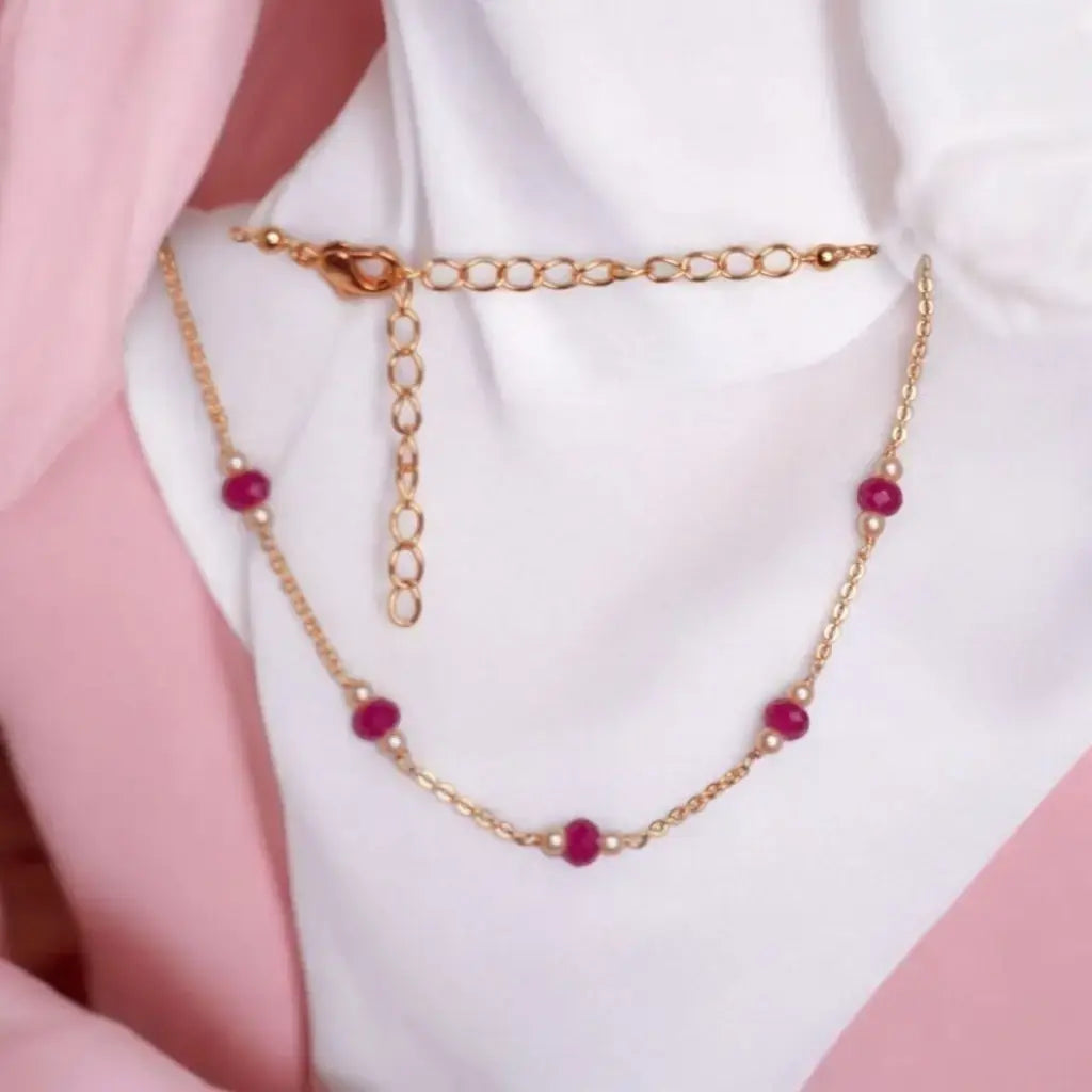 BT004 – Ruby Pink Beaded Anklet with Pearl Accents & Gold-Tone Chain