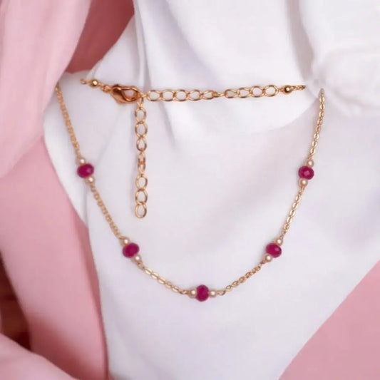 BT004 – Ruby Pink Beaded Anklet with Pearl Accents & Gold-Tone Chain