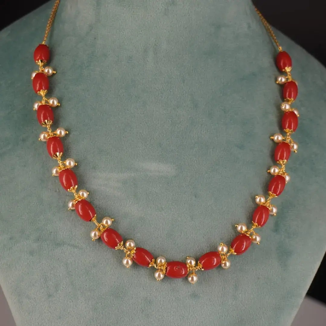 Pearl & Coral Necklace with Earrings Hk0364