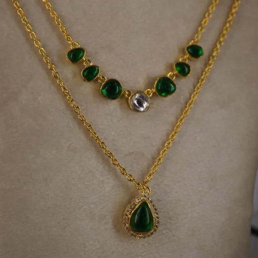 Green Kundan Two Step Necklace with Earrings Hk0387