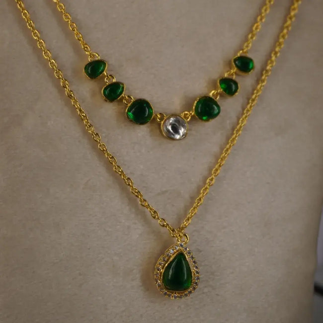 Green Kundan Two Step Necklace with Earrings Hk0387