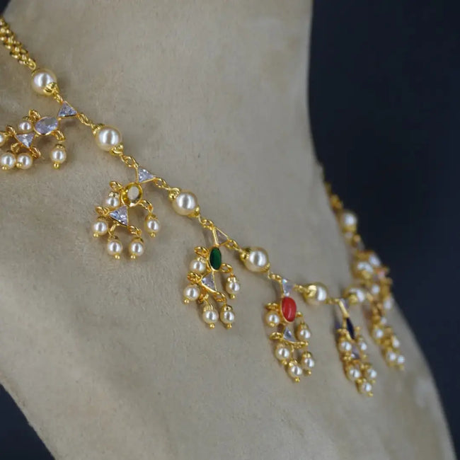 Navaratna Polki Pearl Bunches Necklace Hk0390