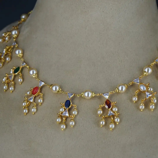 Navaratna Polki Pearl Bunches Necklace Hk0390