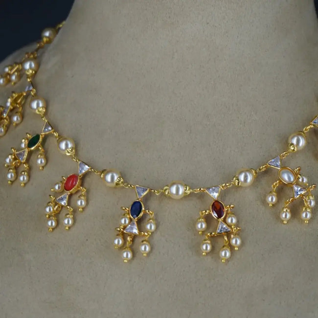 Navaratna Polki Pearl Bunches Necklace Hk0390