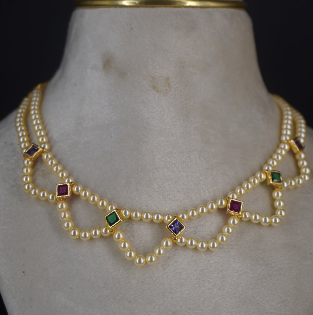 #HK0484. Swarovski pearl with multi colour square cz stone