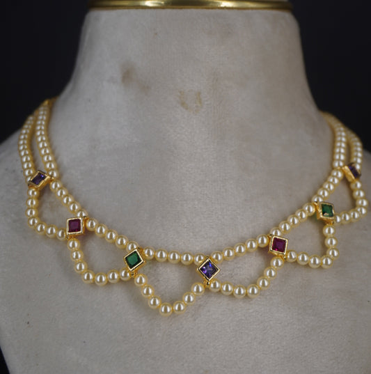 #HK0484. Swarovski pearl with multi colour square cz stone