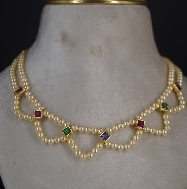 #HK0484. Swarovski pearl with multi colour square cz stone