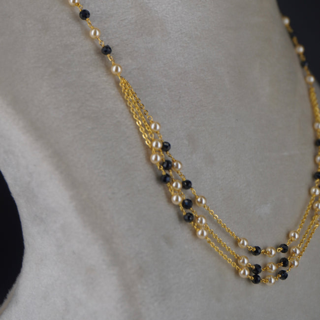 Hk0376 Pearl Black Beads 3 lines chain